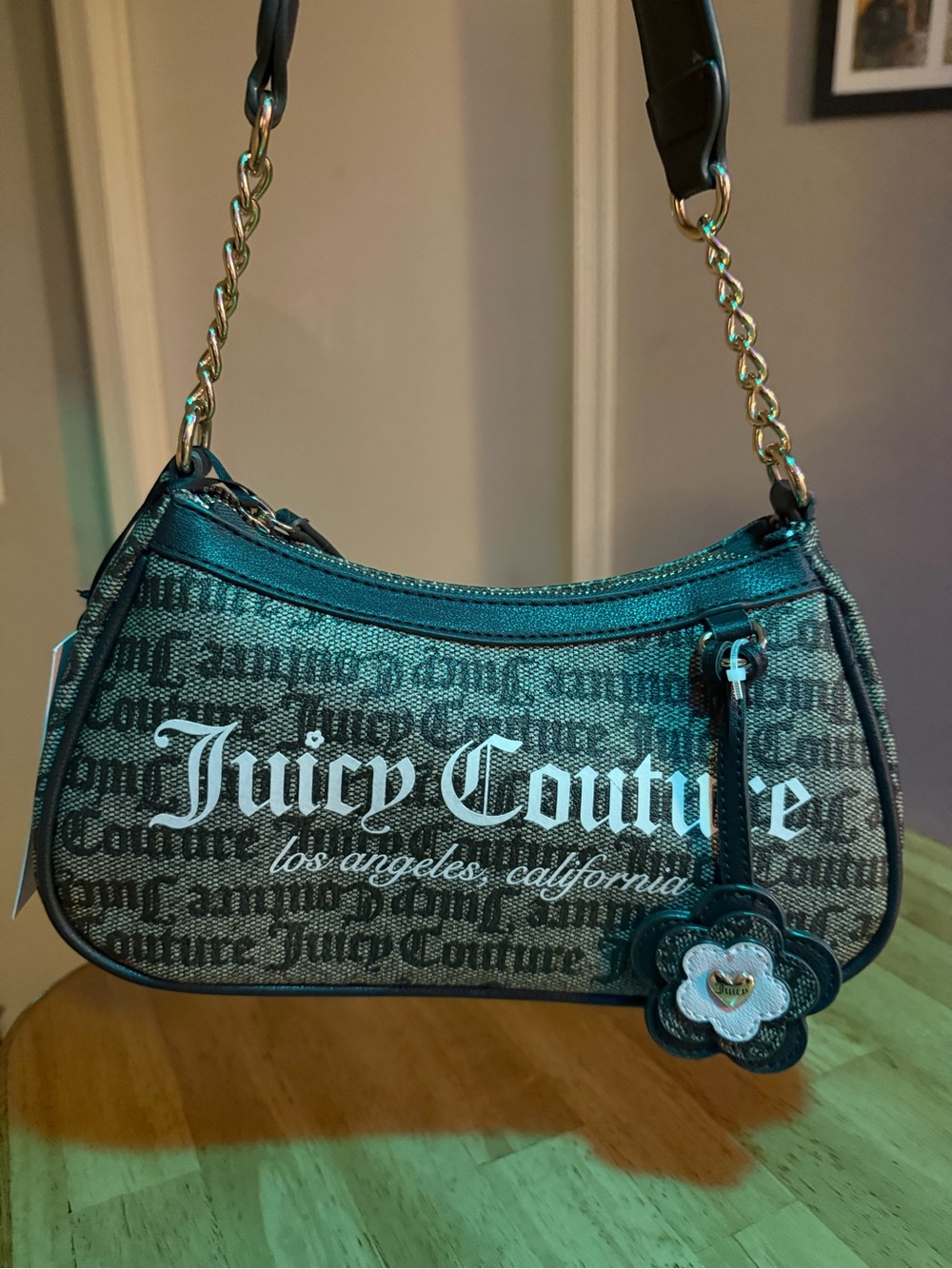 Juicy Couture Black & Brown Logo Chain Shoulder Bag with Flower Charm